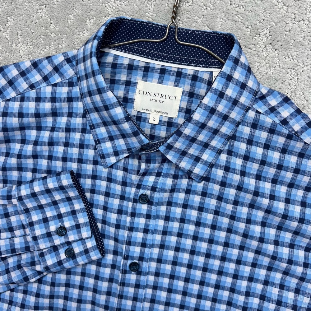 Construct Shirt Mens L Blue Slim Fit Gingham 4-Way Stretch Long Sleeve Button Up